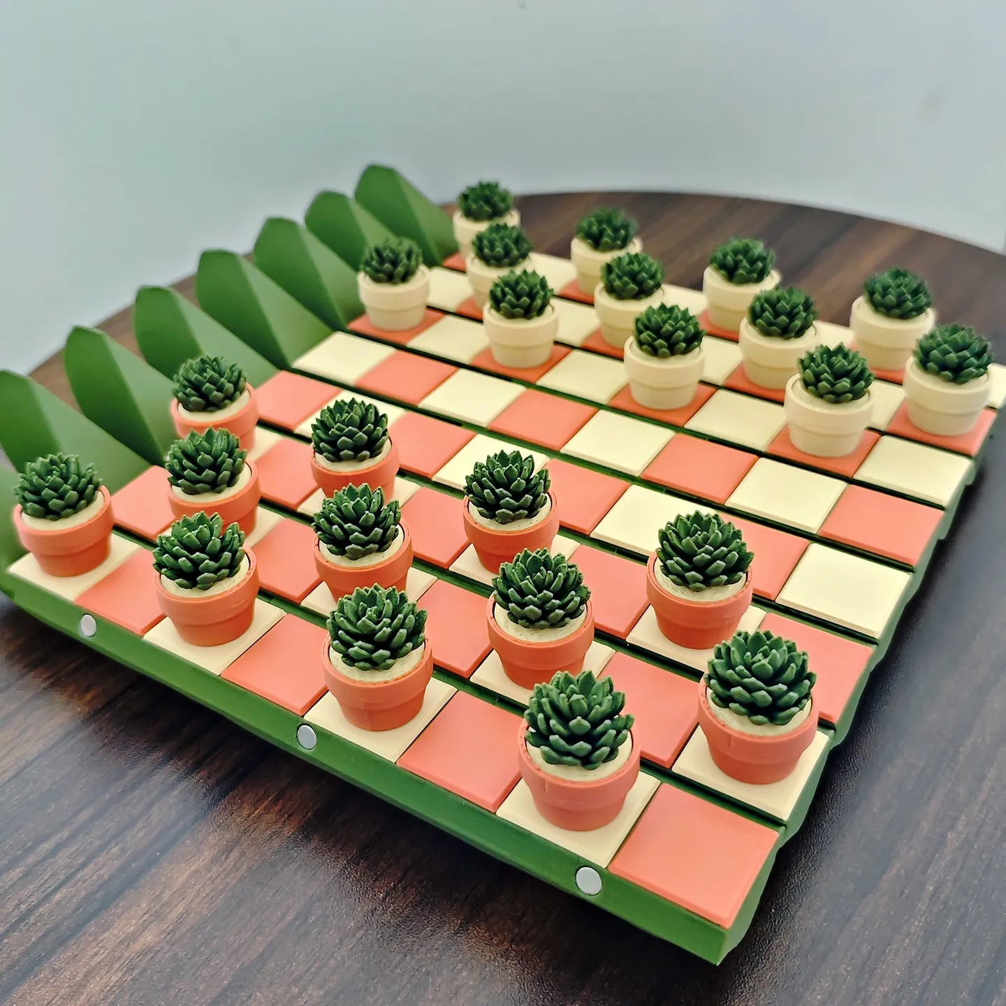 Full magnetic cactus succulent theme chess set with 24 pieces on a plastic board
