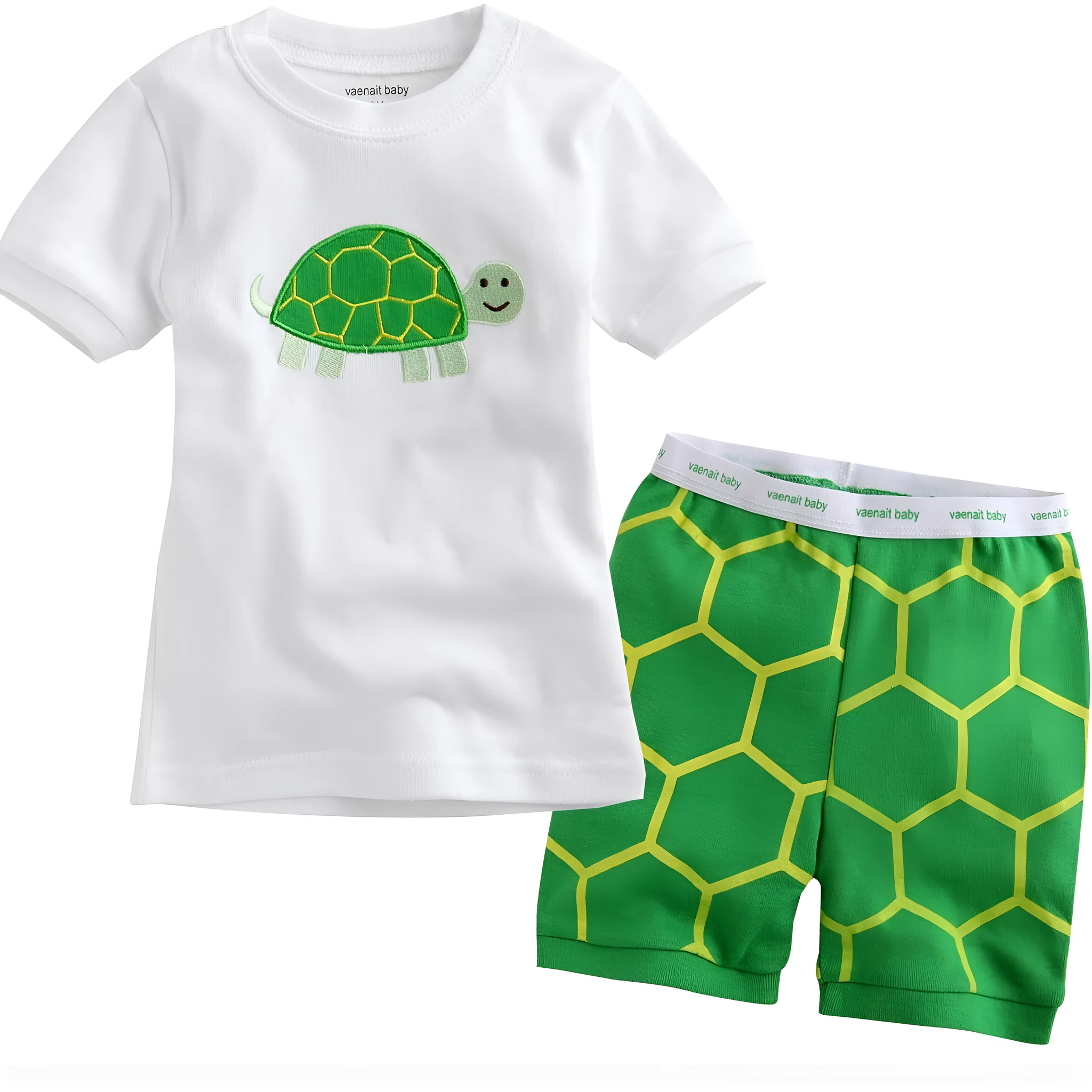 Boys green cotton cartoon turtle short sleeve pyjama set with T-shirt and shorts on white background