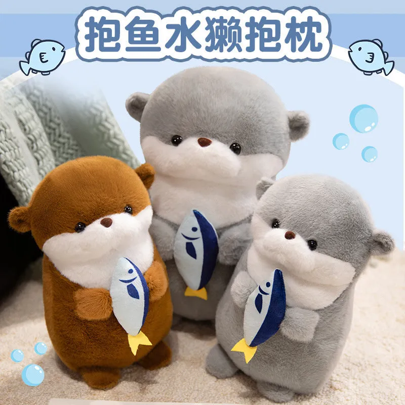 Small otter plush doll holding a fish in short plush fabric, available in brown and gray, 30cm or 40cm height