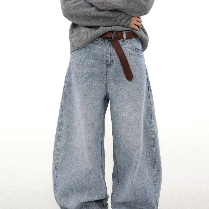 Men's blue distressed straight leg jeans with retro washing and micro elasticity