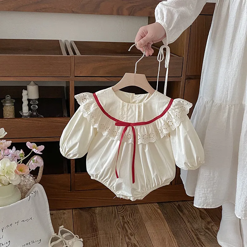 Baby Girls' Cotton Lace Onesie Romper Long Sleeve Jumpsuit Autumn Princess Style Sizes 66cm to 140cm for Everyday Wear and Special Occasions