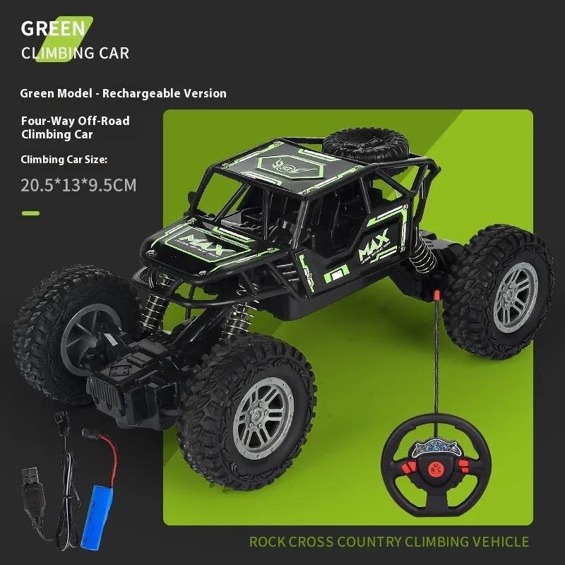 Children's four-way remote control alloy off-road climbing car in camouflage yellow on a grassy outdoor track