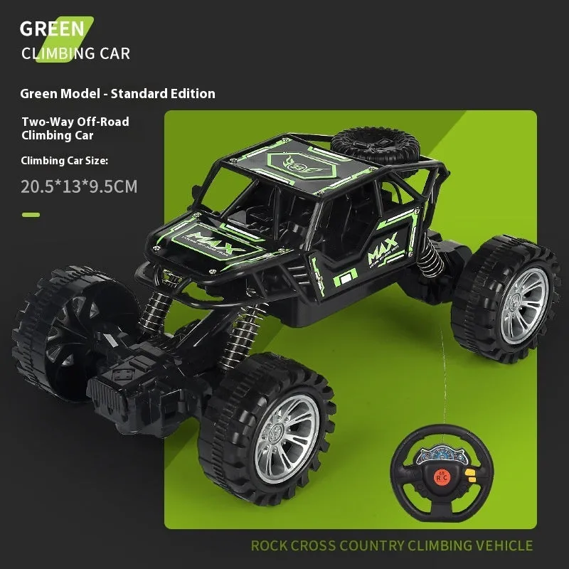 Children's four-way remote control alloy off-road climbing car in camouflage yellow on a grassy outdoor track