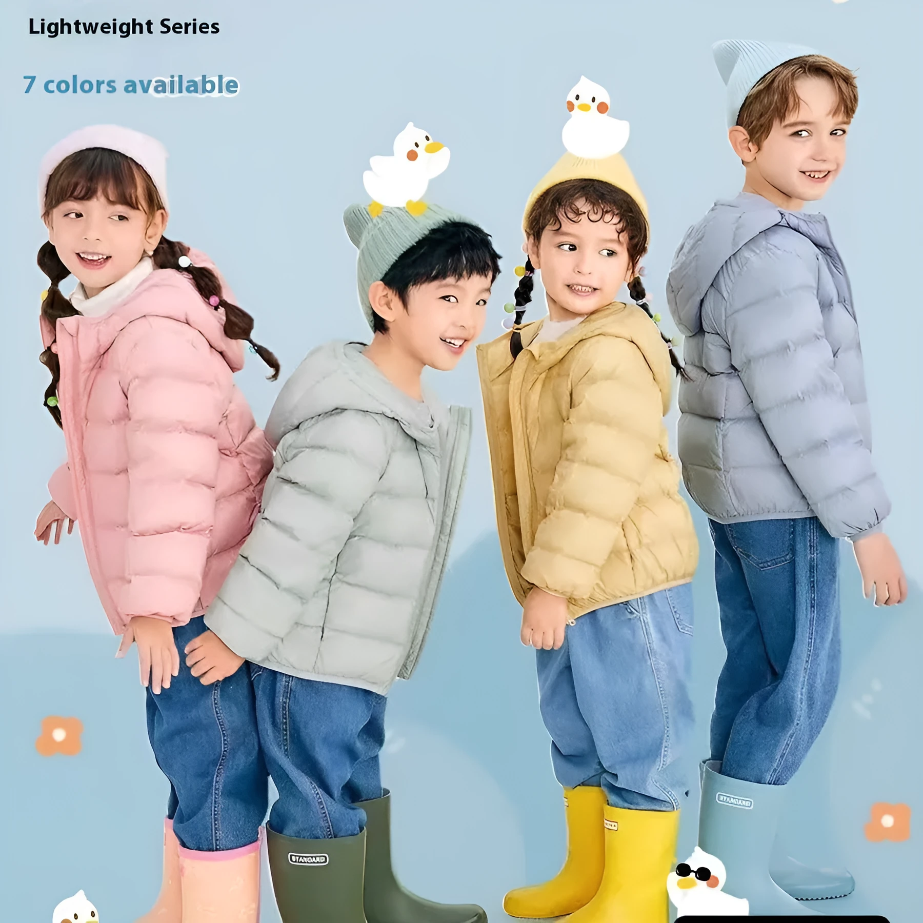 Neutral boys and girls hooded down jacket, solid colour, nylon shell, available in Classic Black and other colours