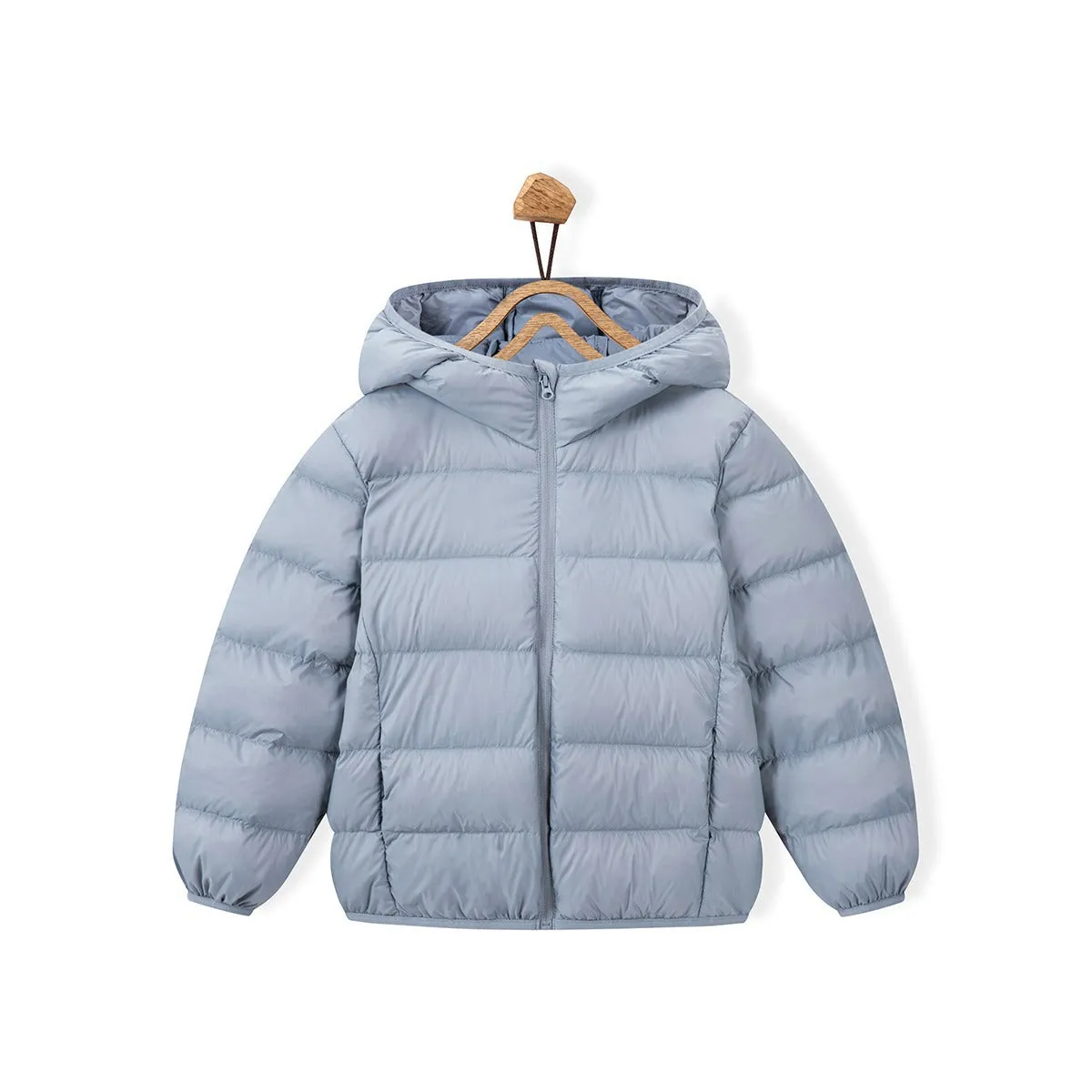 Neutral boys and girls hooded down jacket, solid colour, nylon shell, available in Classic Black and other colours
