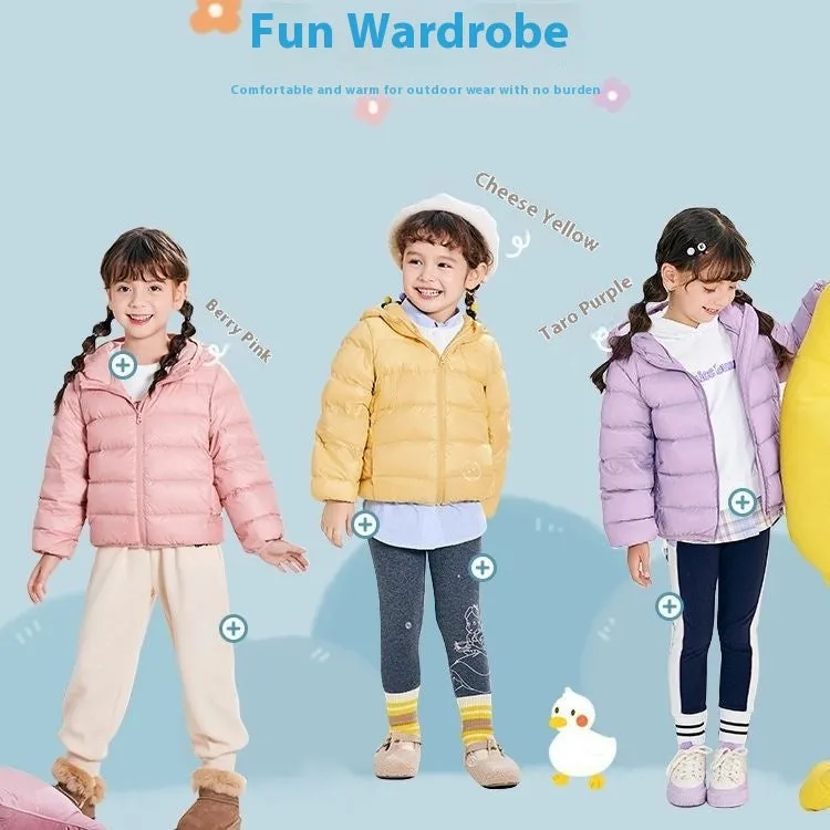 Neutral boys and girls hooded down jacket, solid colour, nylon shell, available in Classic Black and other colours
