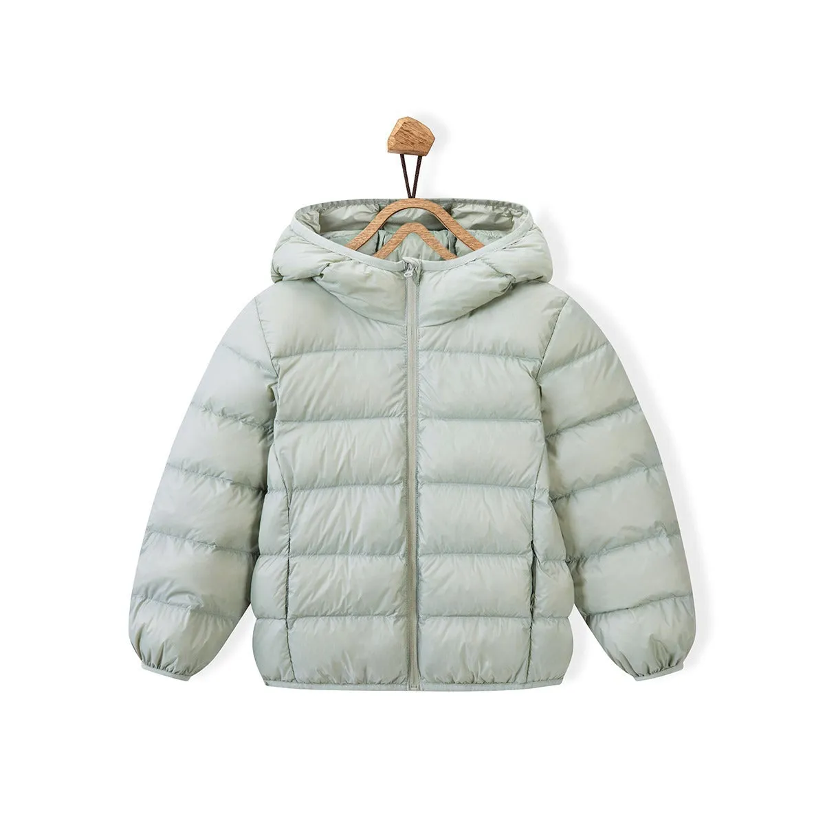 Neutral boys and girls hooded down jacket, solid colour, nylon shell, available in Classic Black and other colours