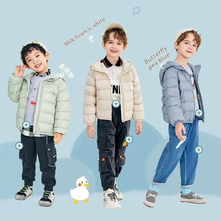 Neutral boys and girls hooded down jacket, solid colour, nylon shell, available in Classic Black and other colours