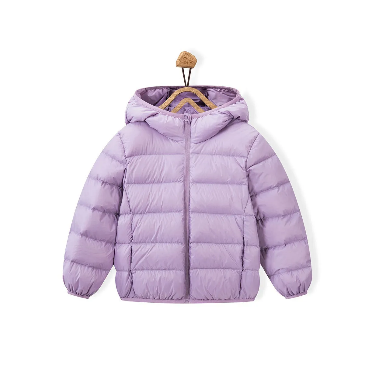 Neutral boys and girls hooded down jacket, solid colour, nylon shell, available in Classic Black and other colours