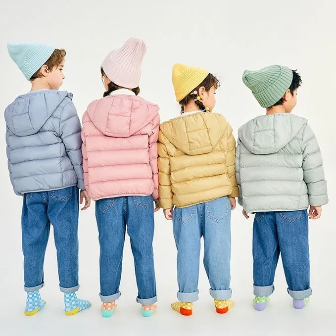 Neutral boys and girls hooded down jacket, solid colour, nylon shell, available in Classic Black and other colours