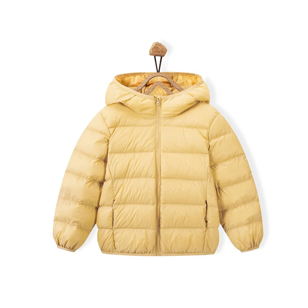 Neutral boys and girls hooded down jacket, solid colour, nylon shell, available in Classic Black and other colours
