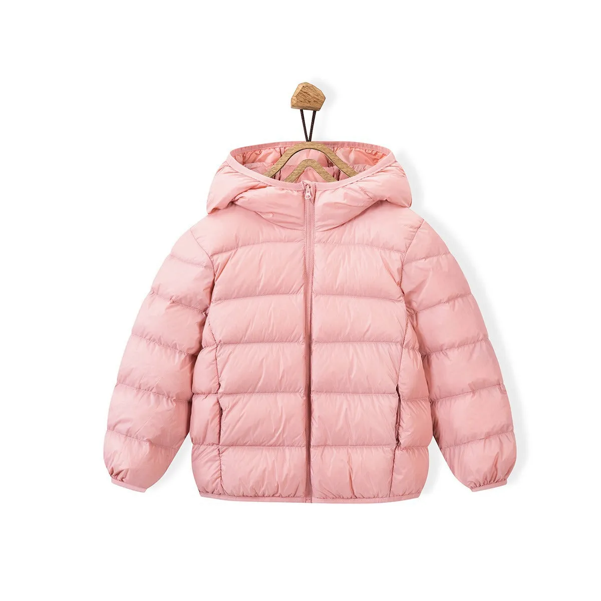 Neutral boys and girls hooded down jacket, solid colour, nylon shell, available in Classic Black and other colours
