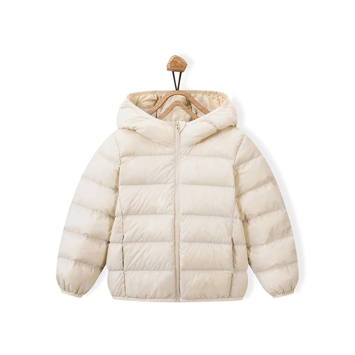 Neutral boys and girls hooded down jacket, solid colour, nylon shell, available in Classic Black and other colours