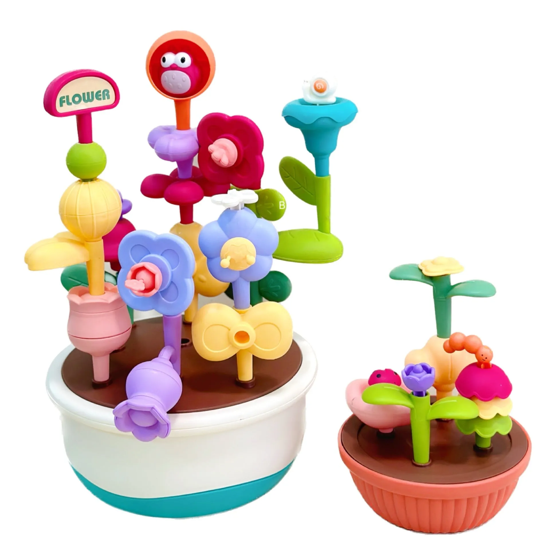Colourful plastic flowerpot building block set with assorted flower-shaped pieces, in a colour box
