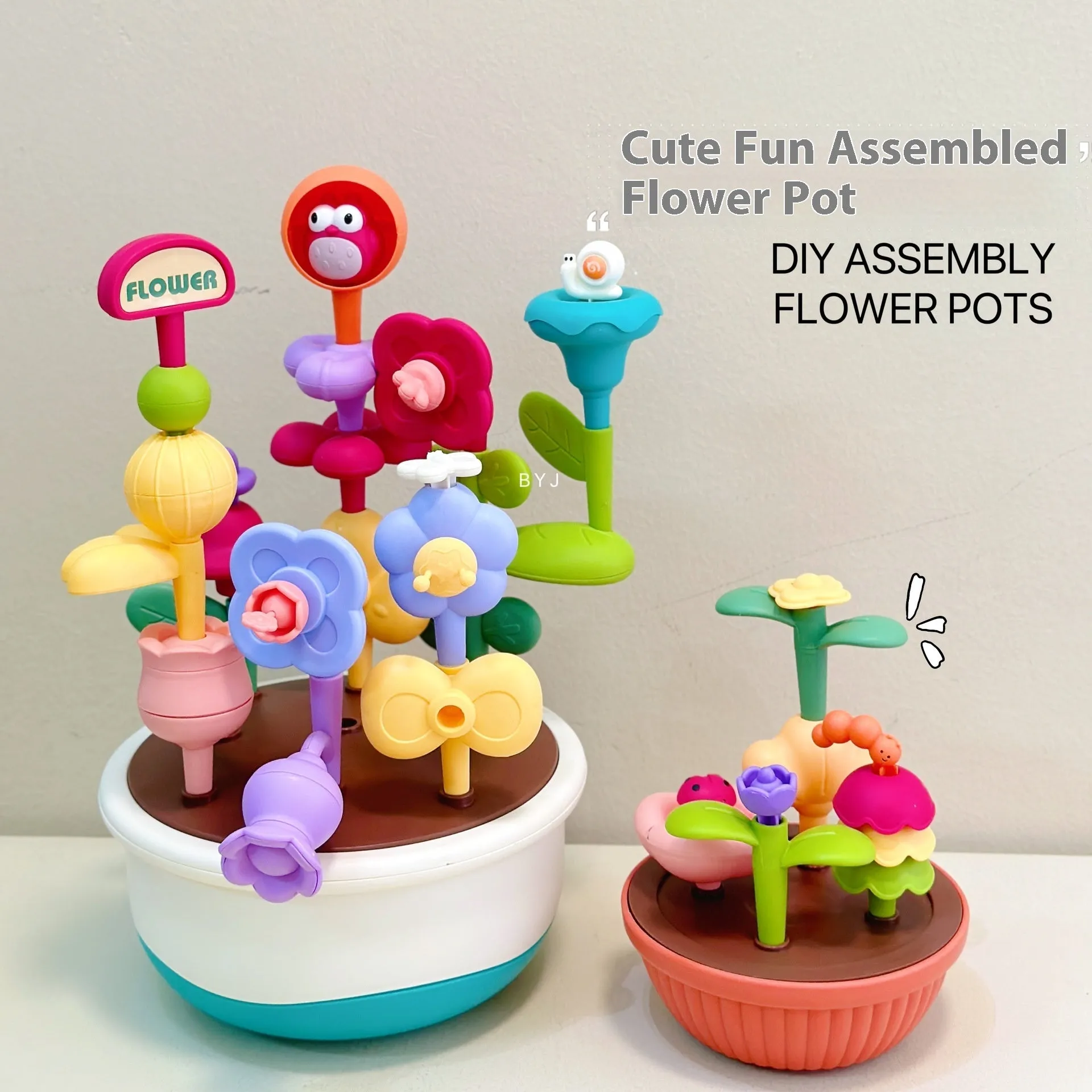 Colourful plastic flowerpot building block set with assorted flower-shaped pieces, in a colour box
