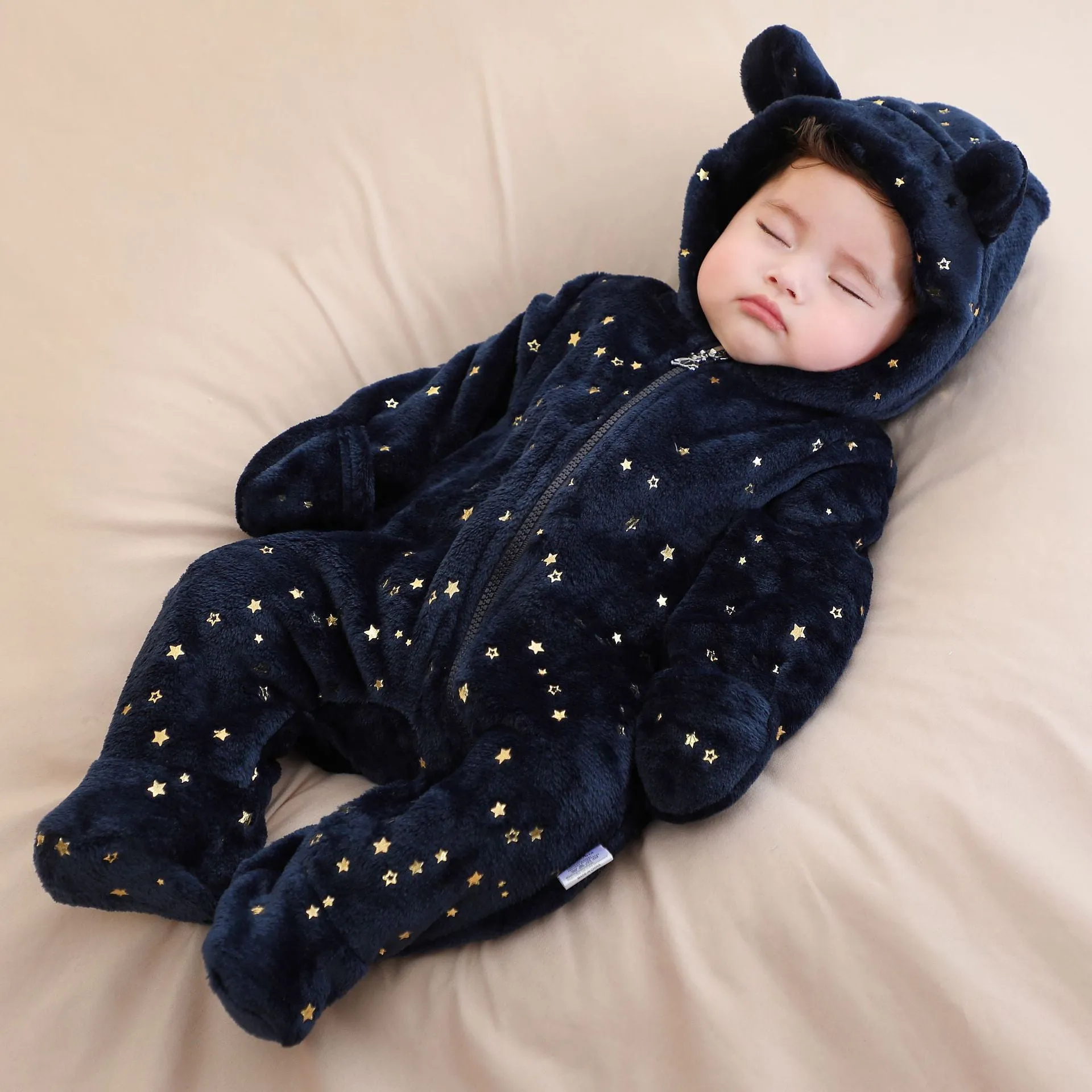 Fleece-lined flannel baby jumpsuit in dark blue, suitable for 50-80cm height
