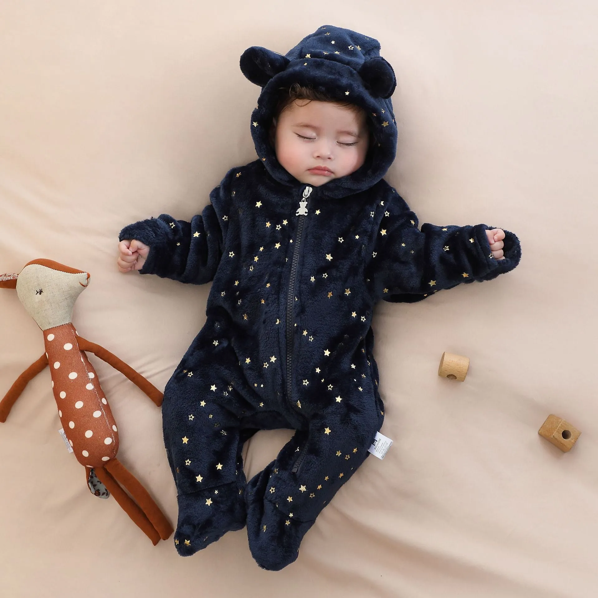 Fleece-lined flannel baby jumpsuit in dark blue, suitable for 50-80cm height
