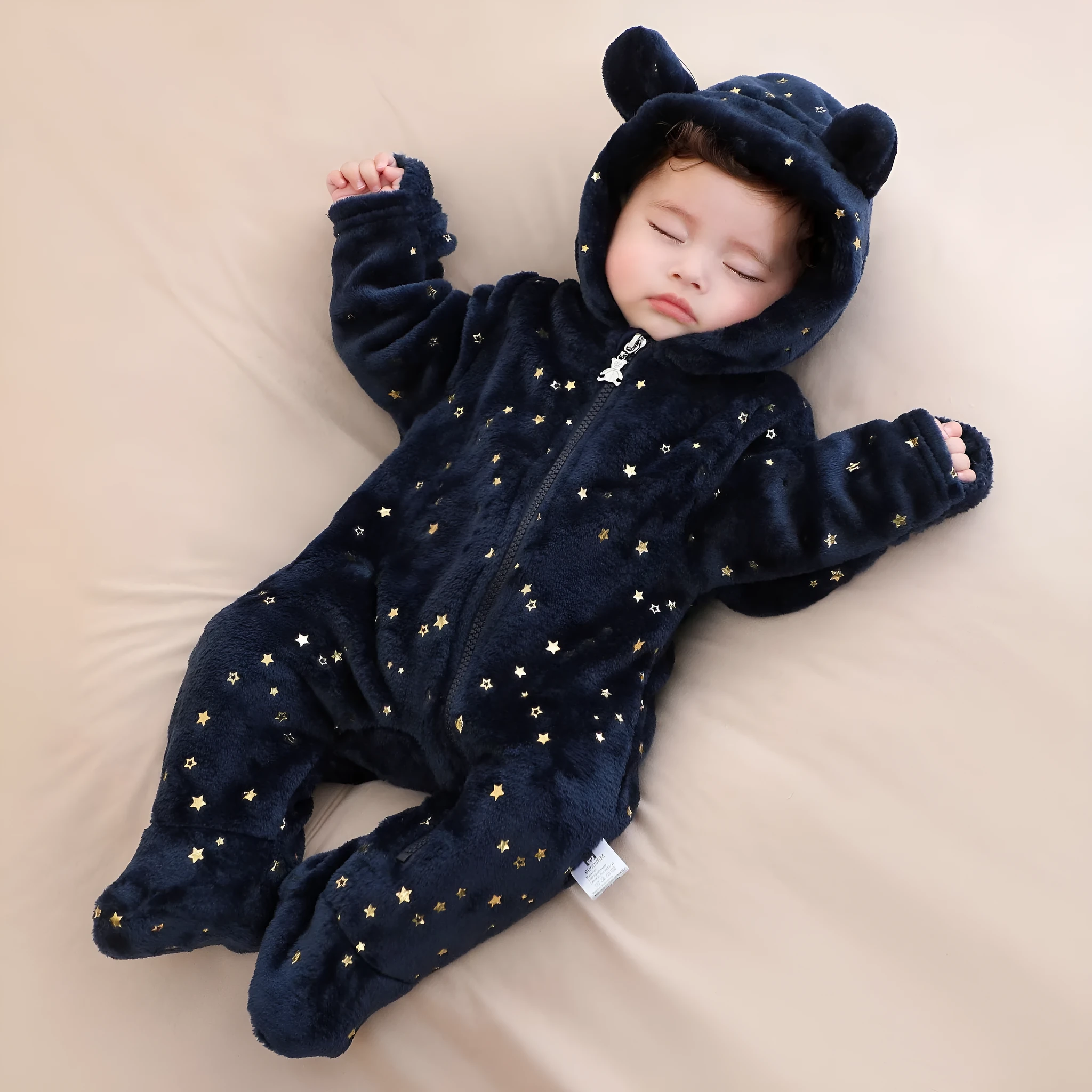 Fleece-lined flannel baby jumpsuit in dark blue, suitable for 50-80cm height