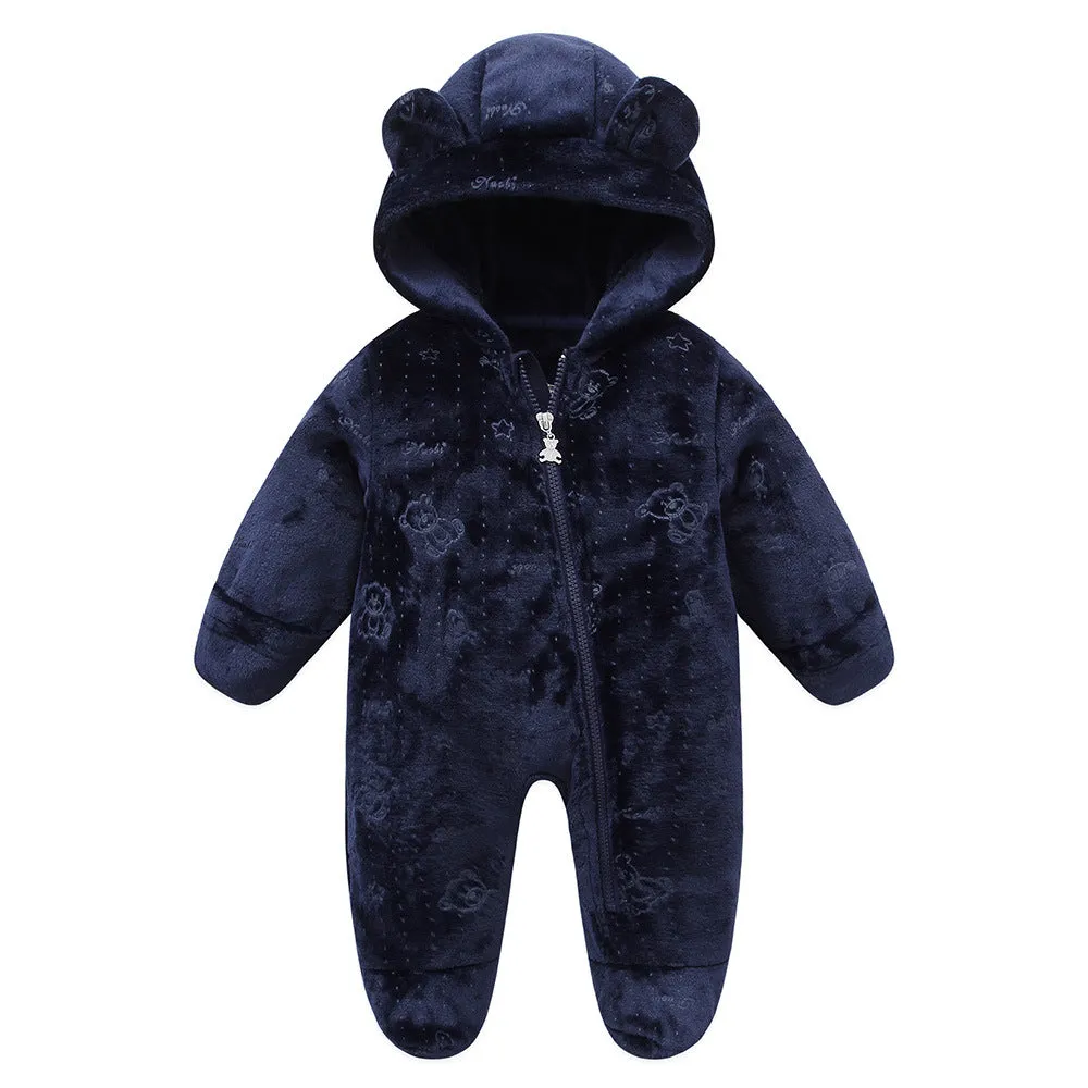 Fleece-lined flannel baby jumpsuit in dark blue, suitable for 50-80cm height