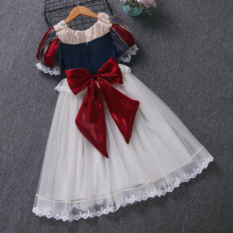 Summer Lolita children's dress short sleeve in purplish blue with purplish red, lace trim, satin fabric, cotton lining, princess style
