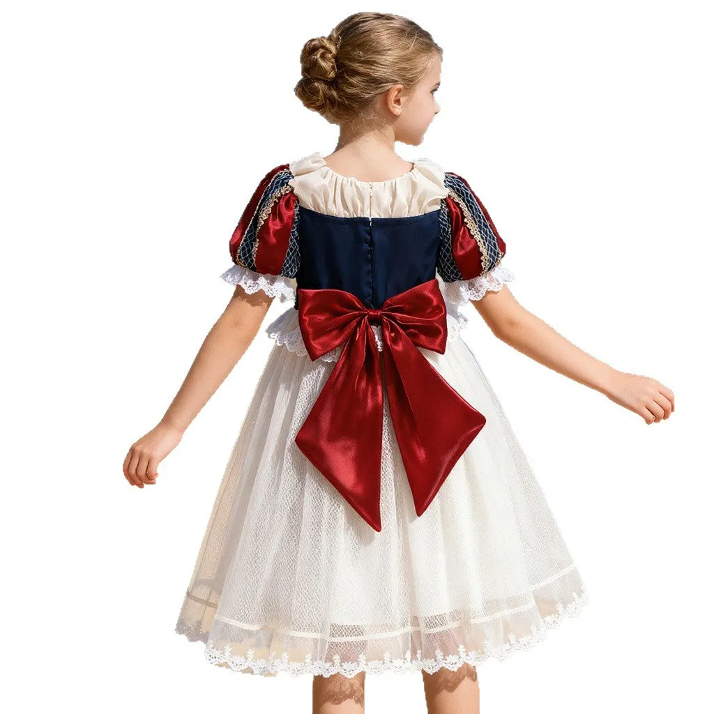 Summer Lolita children's dress short sleeve in purplish blue with purplish red, lace trim, satin fabric, cotton lining, princess style