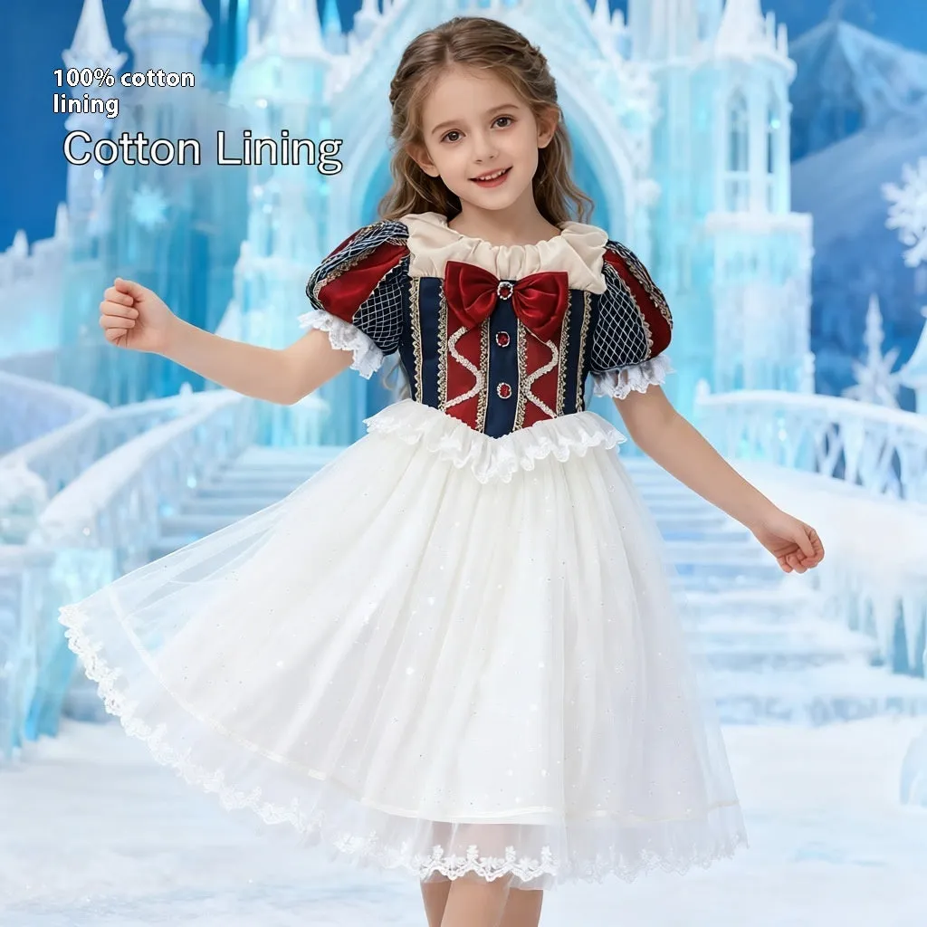 Summer Lolita children's dress short sleeve in purplish blue with purplish red, lace trim, satin fabric, cotton lining, princess style