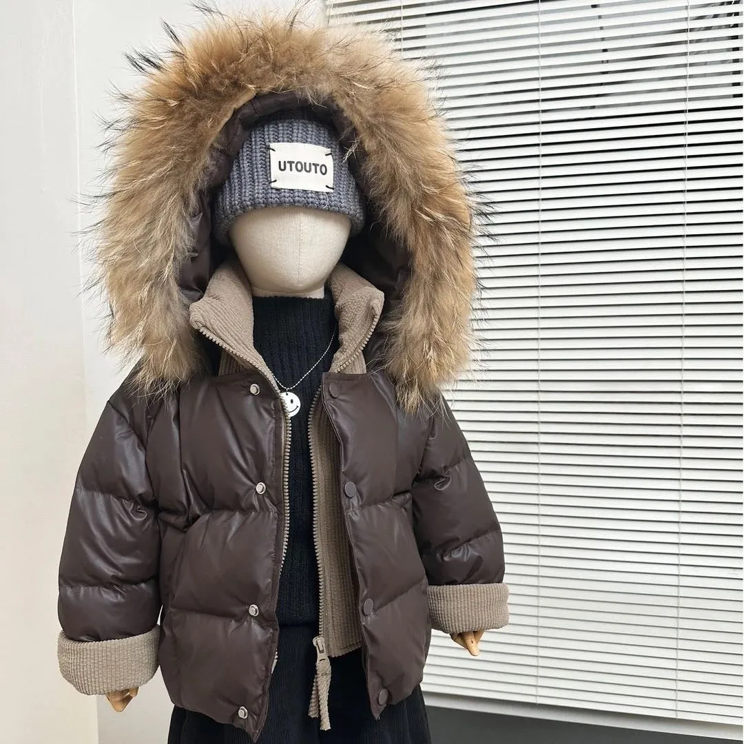 Children's winter down cotton jacket fake two-piece in solid coffee brown colour, thickened polyester fibre padding, suitable for heights 110-160cm