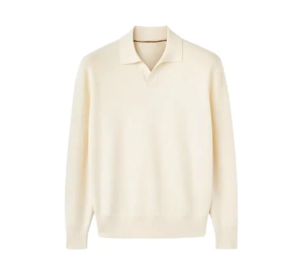 Pure wool polo sweater with a lapel collar in navy blue, shown in a loose fit on a model.