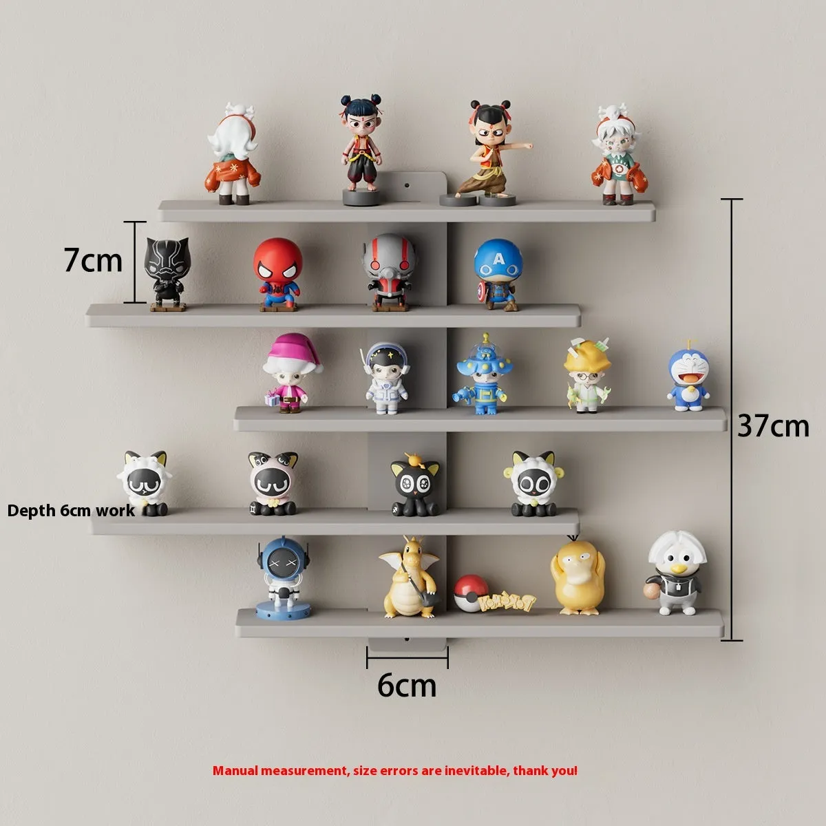 White 5-tier PVC wall-mounted rack displaying toy dolls and blind boxes.