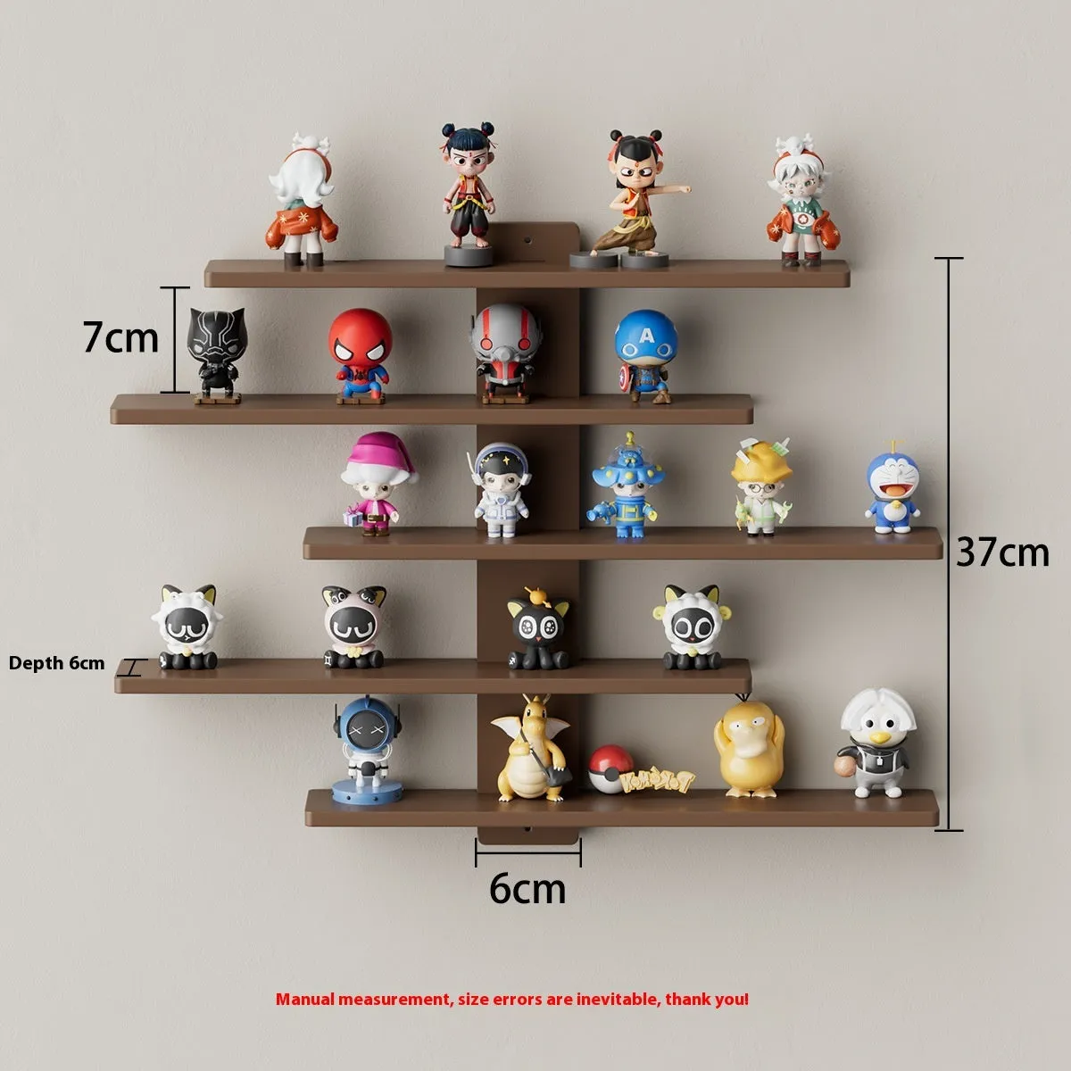 White 5-tier PVC wall-mounted rack displaying toy dolls and blind boxes.