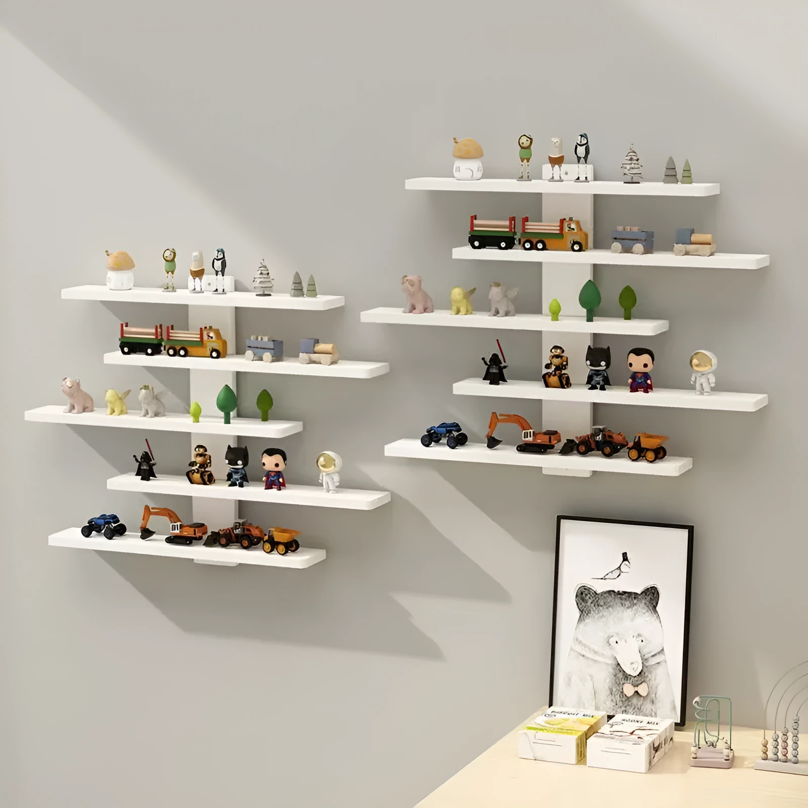 White 5-tier PVC wall-mounted rack displaying toy dolls and blind boxes.
