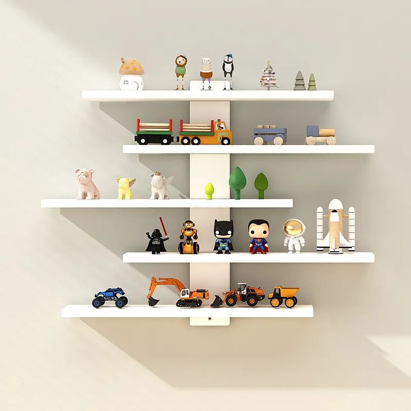 White 5-tier PVC wall-mounted rack displaying toy dolls and blind boxes.