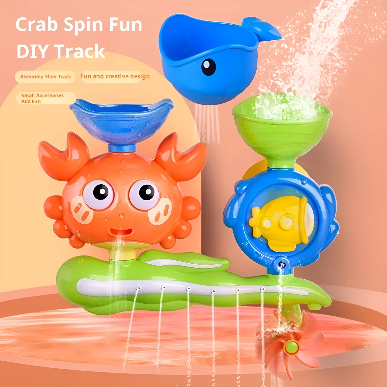 Children crab turntable water toy in yellow and red plastic for bath shower play