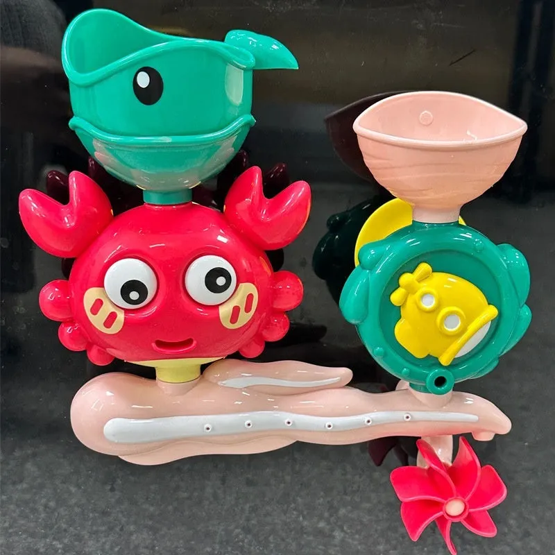 Children crab turntable water toy in yellow and red plastic for bath shower play