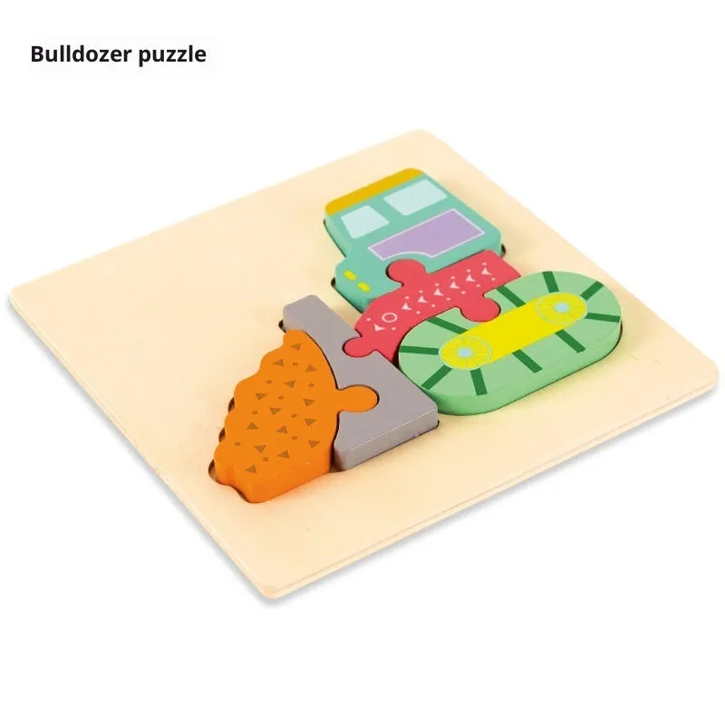 Wooden children's puzzle building block toy measuring 15 x 15cm, featuring an excavator design for infant learning