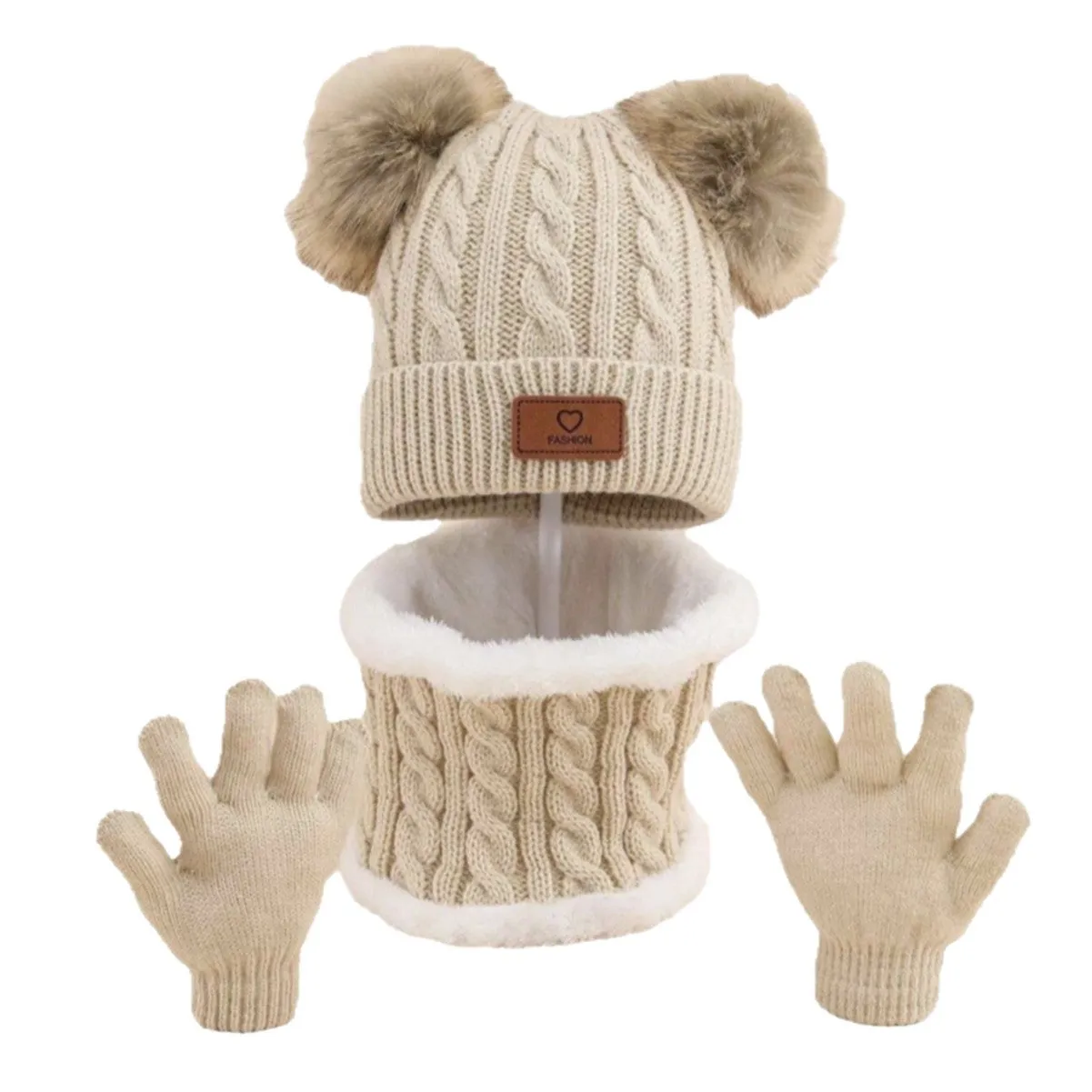 Children's three-piece acrylic knit winter set with dome crown hat and matching scarf and gloves in pink