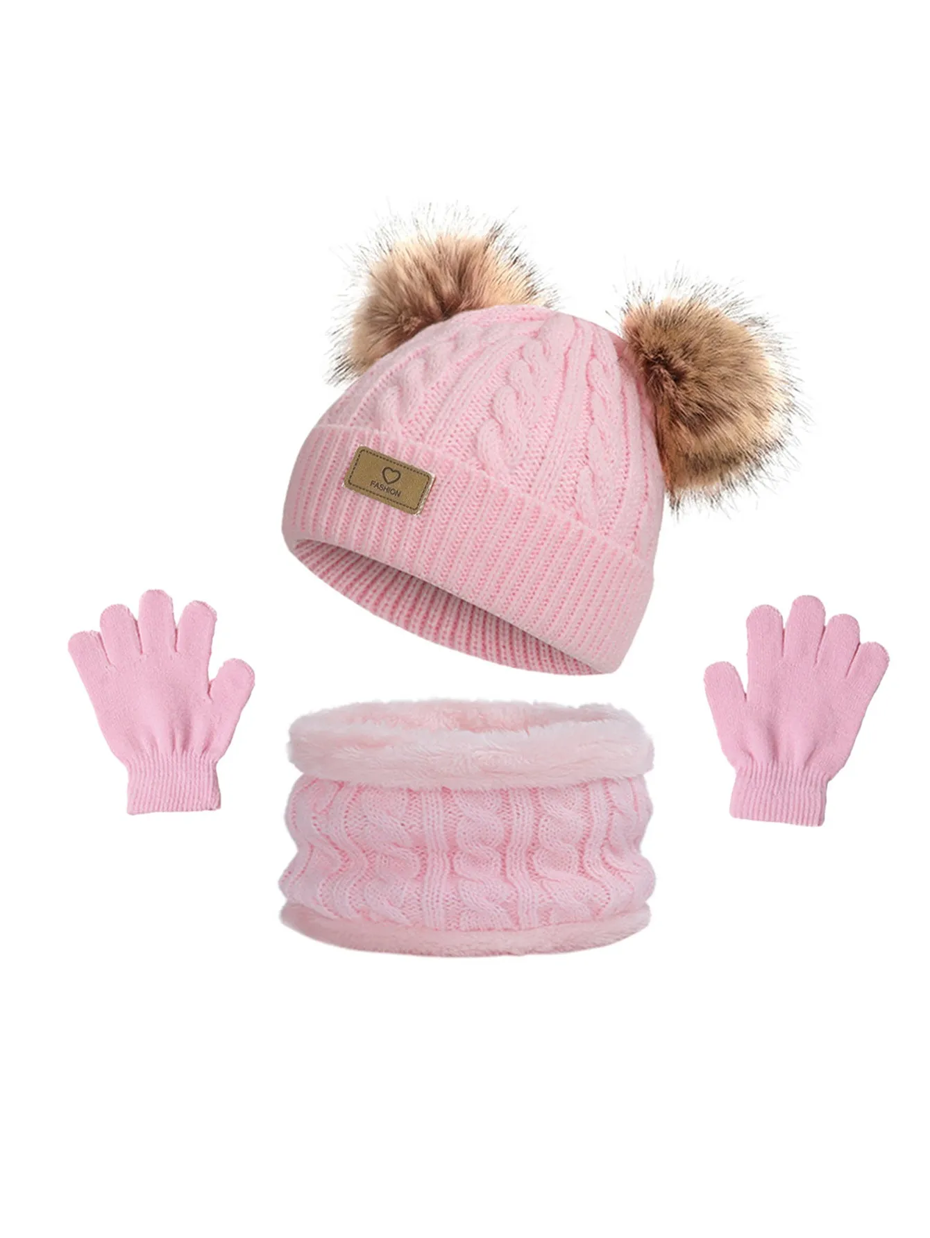 Children's three-piece acrylic knit winter set with dome crown hat and matching scarf and gloves in pink
