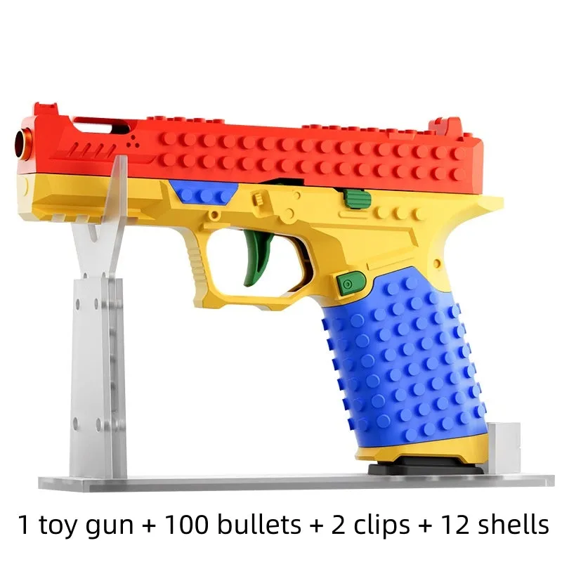 Glock G17 building block assembling gun on transparent stand with bullets and casings