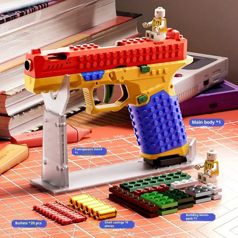 Glock G17 building block assembling gun on transparent stand with bullets and casings