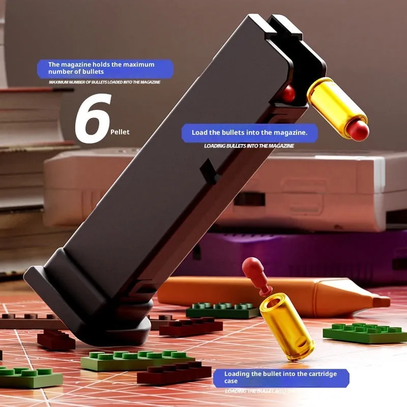 Glock G17 building block assembling gun on transparent stand with bullets and casings