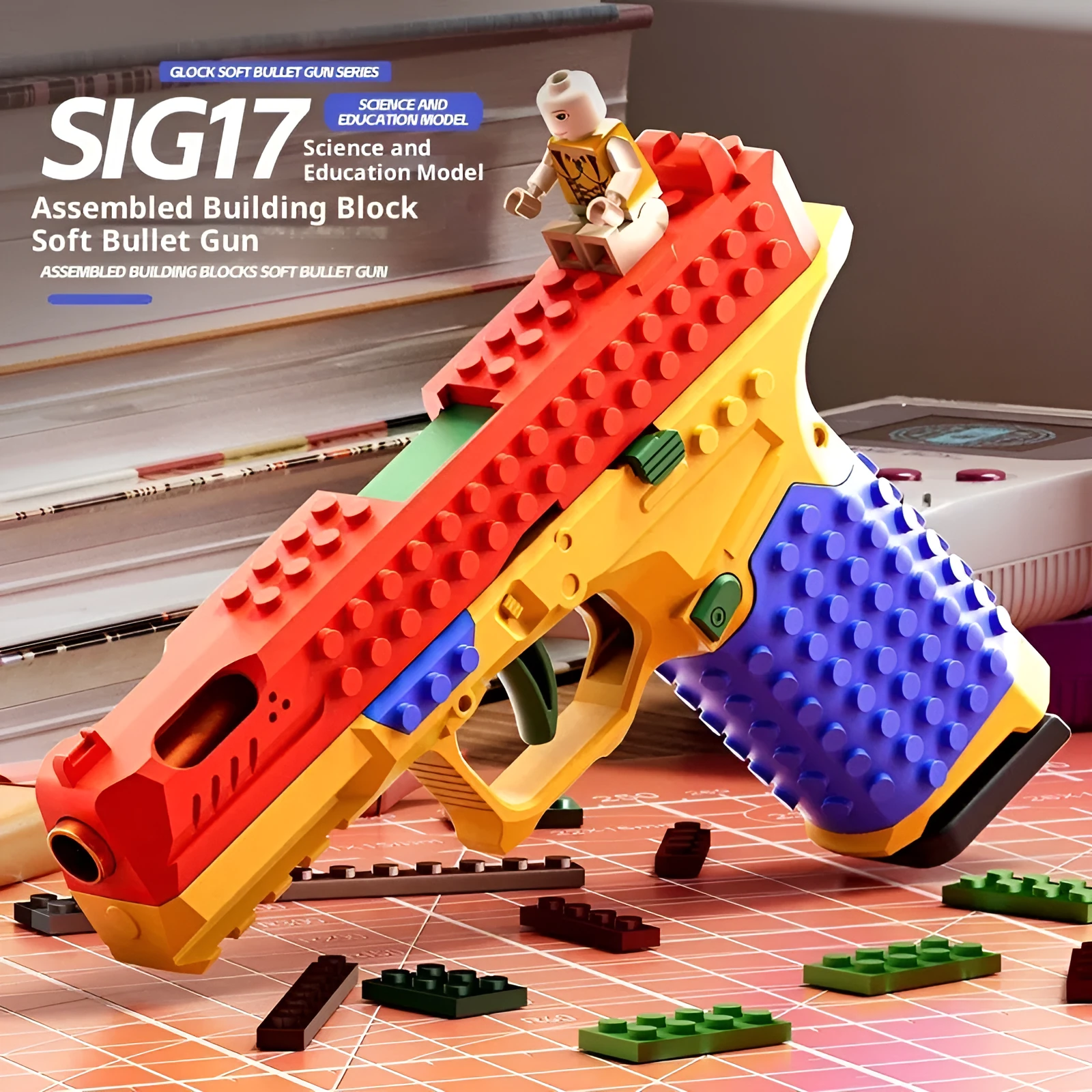 Glock G17 building block assembling gun on transparent stand with bullets and casings