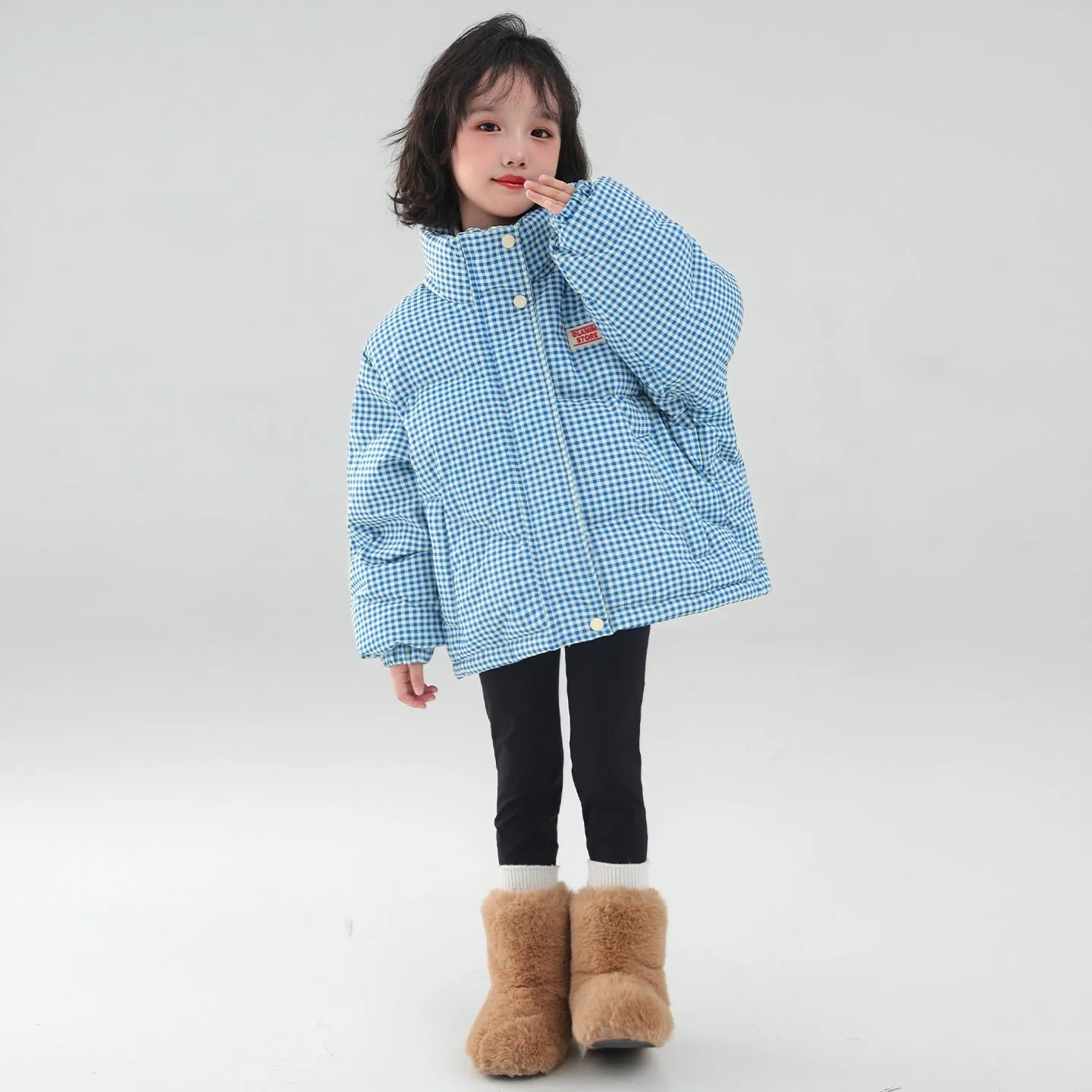 Contrast color blue plaid hooded cotton coat jacket with zipper closure for children, suitable for heights 120cm to 170cm
