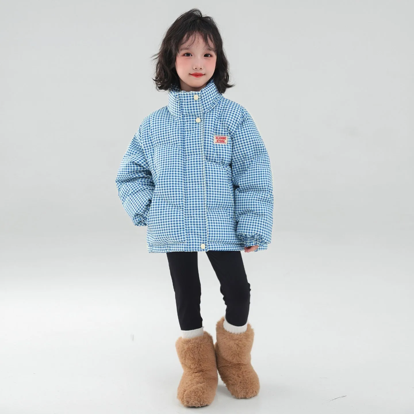 Contrast color blue plaid hooded cotton coat jacket with zipper closure for children, suitable for heights 120cm to 170cm