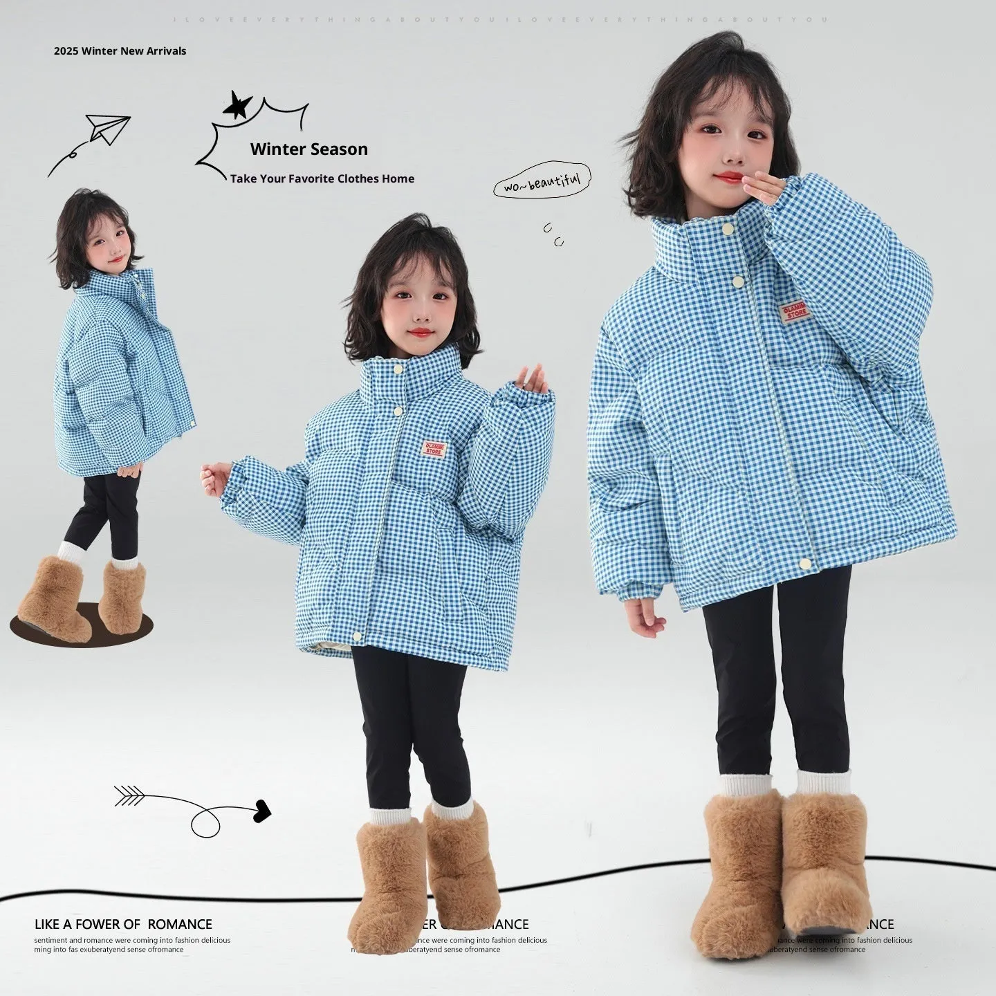 Contrast color blue plaid hooded cotton coat jacket with zipper closure for children, suitable for heights 120cm to 170cm
