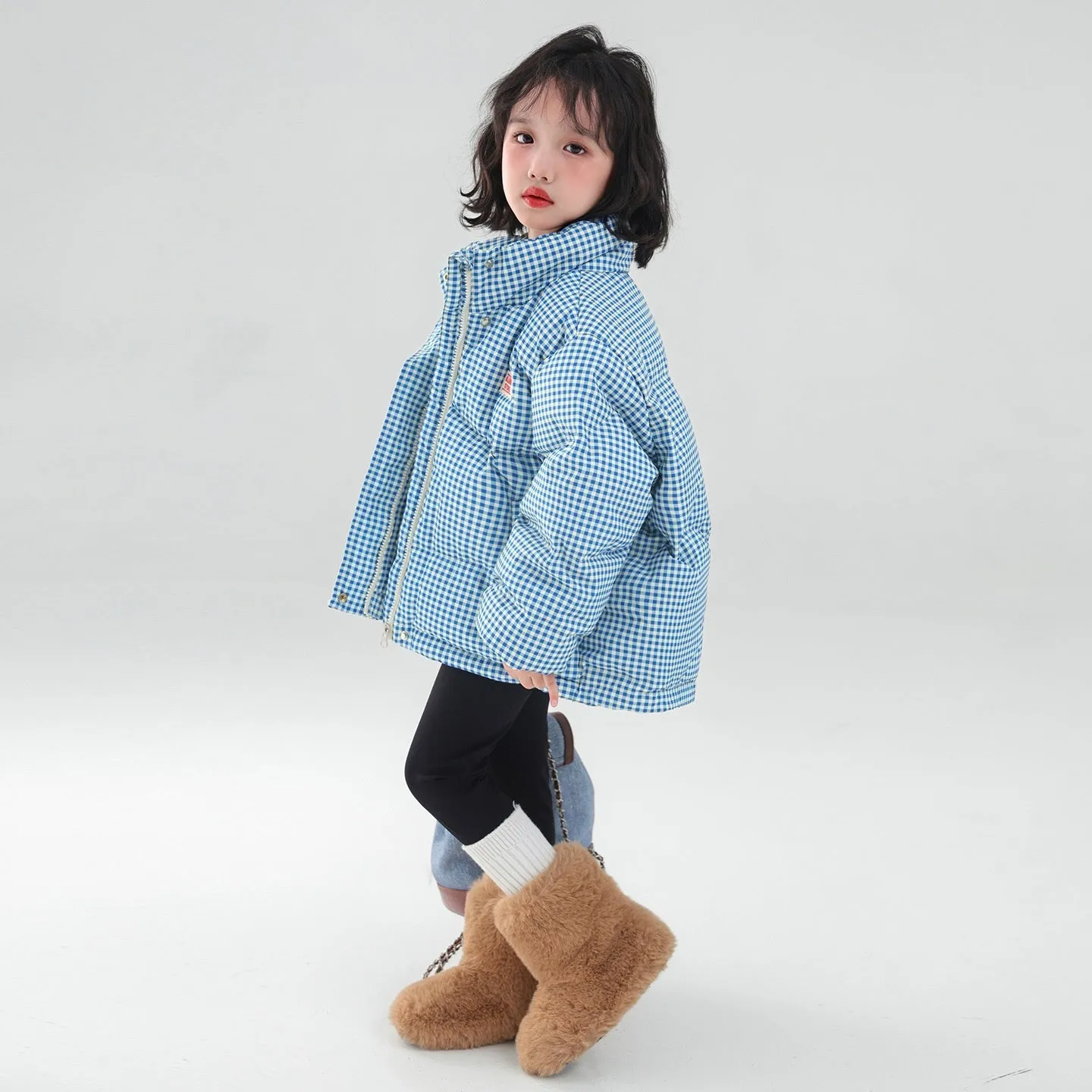 Contrast color blue plaid hooded cotton coat jacket with zipper closure for children, suitable for heights 120cm to 170cm