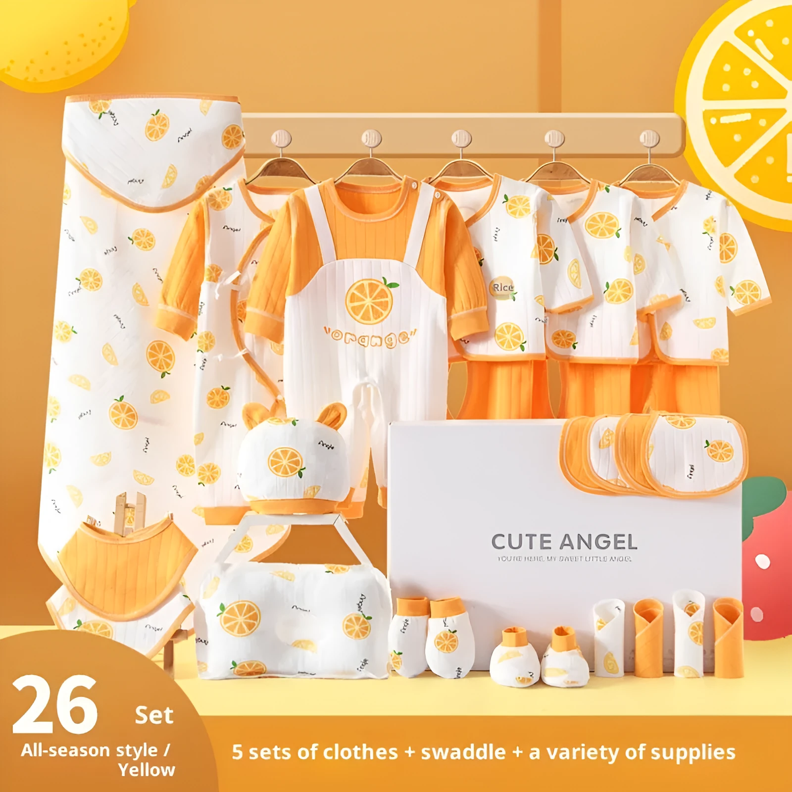 Baby pure cotton gift set with orange apple cherry colour options for newborns