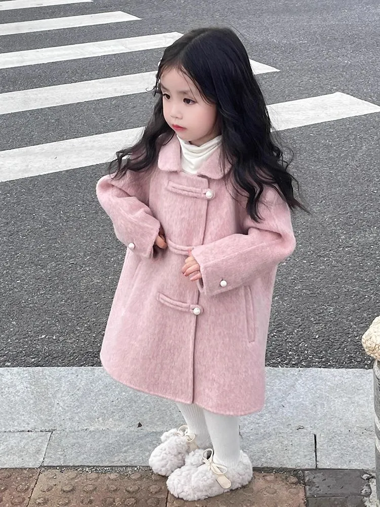 Reversible peach pink woolen coat for girls, thickened cotton, solid colour, front view, size 110 cm