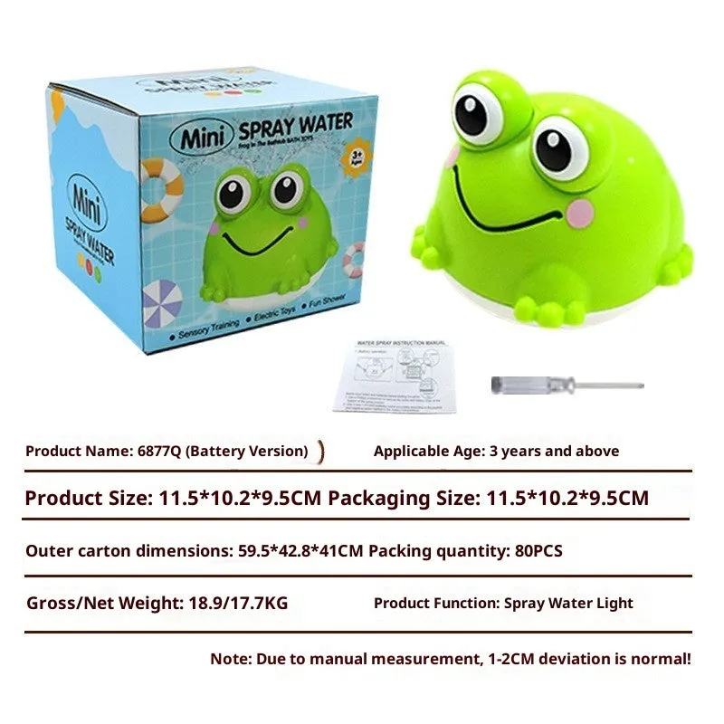 Water spray frog bathroom toy with electric lamplight and rotating shower head, plastic, 12.2 by 13 cm