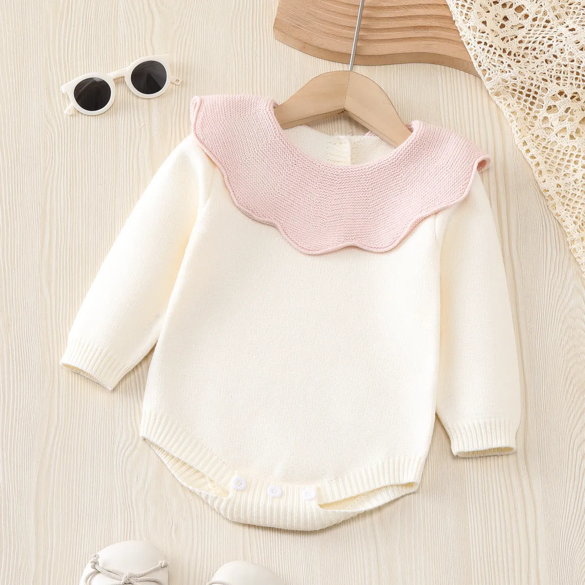 Beige knitted long sleeve triangle jumpsuit romper for baby girls, pullover style, suitable for heights 73-110cm