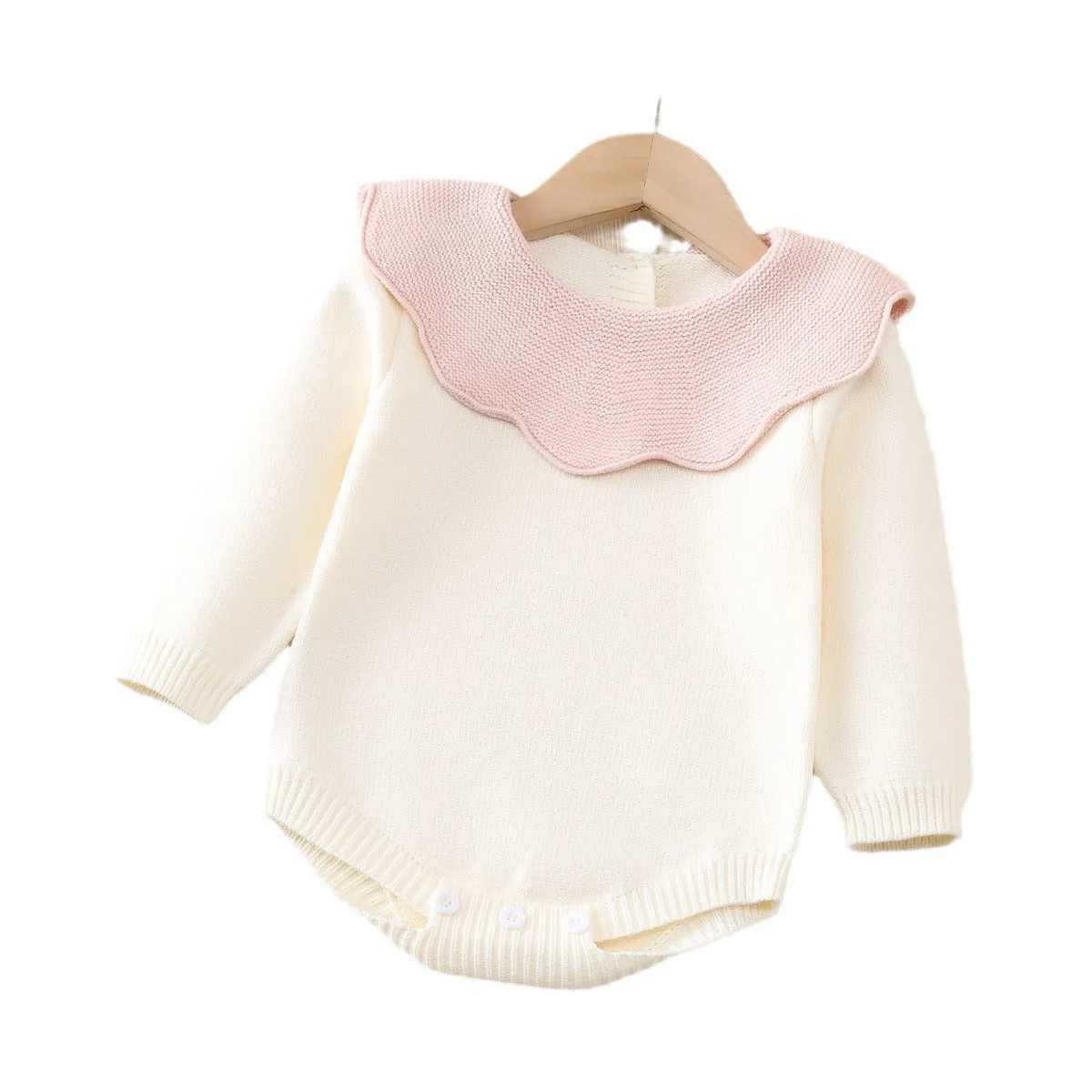 Beige knitted long sleeve triangle jumpsuit romper for baby girls, pullover style, suitable for heights 73-110cm